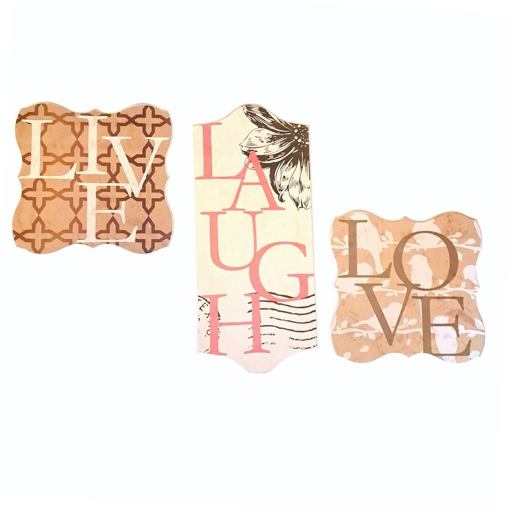 Live Laugh Love Wood Wall Plaque Set 3 Tan Coral‎ Scalloped Farmhouse Decor NEW